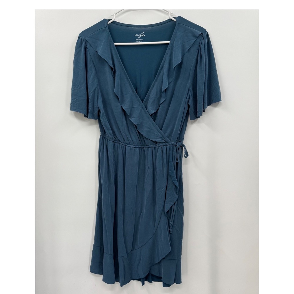 Alya Teal Blue Ruffle Wrap Midi Dress Women's M Flutter Sleeve